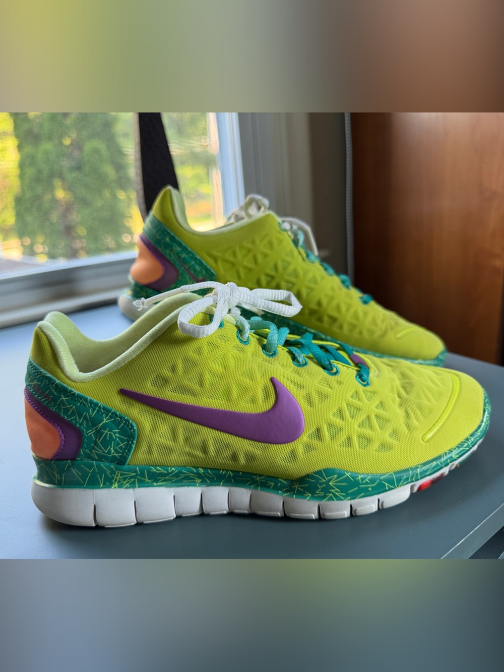Nike Neon Lime Athletic Sneakers with Purple Swoosh